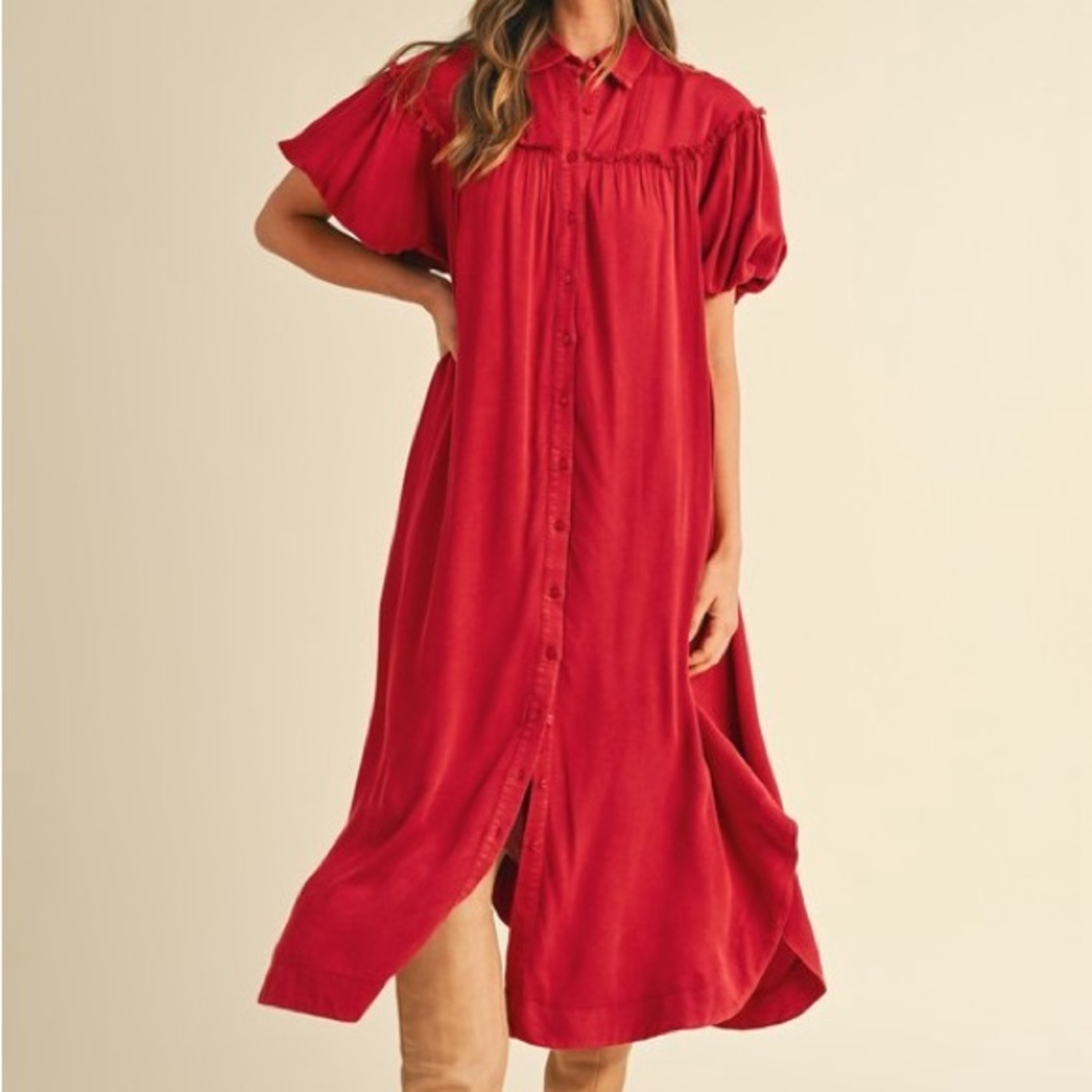 Annie Wear Mineral Washed Button Down Puff Sleeve Shirt Dress - Picture 2 of 5